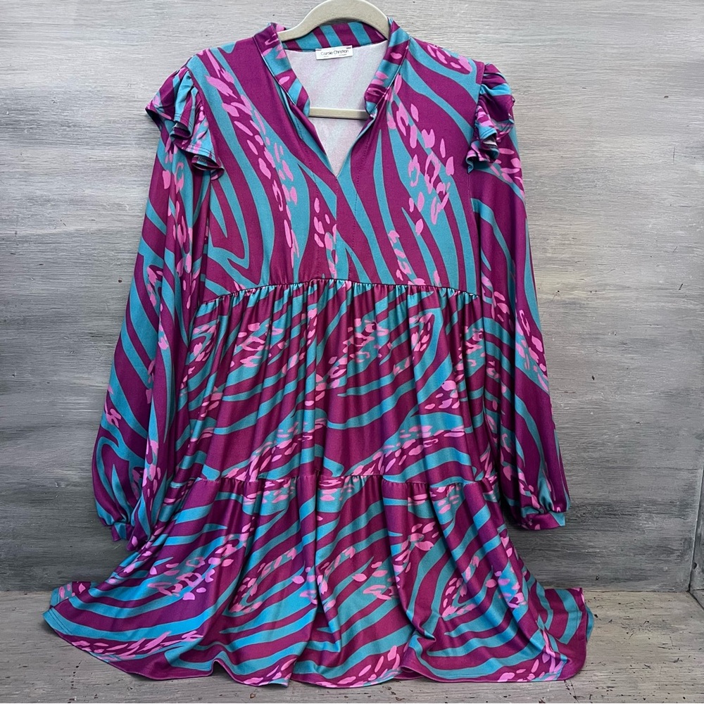 Carole Christian Aqua Purple Zebra Print High Low‎ Dress Size Small Like New